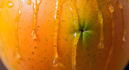 An extreme close-up captures the textured skin of a fresh orange covered in dripping water droplets. The macro shot highlights the porous detail of the citrus peel and the freshness of the fruit.の素材