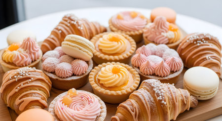 A delightful assortment of gourmet pastries, including decorated croissants, fruit tarts, and macarons, arranged on a wooden board. The sweet treats feature pastel pink and orange tones, perfect for a high tea or dessert spread.の素材