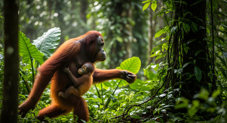 A mother orangutan walks through a lush green rainforest carrying her baby safely in her arms. The scene captures the tender bond between the primates amidst the dense tropical vegetation.の素材