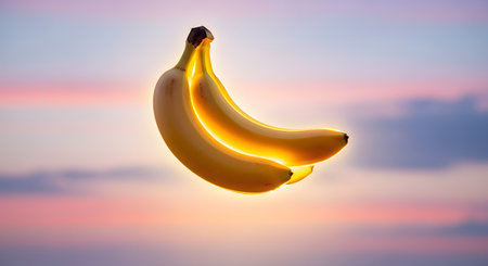 Two yellow bananas float surreally in mid-air against a soft, pastel-colored sunset sky. The minimalist and dreamlike composition combines food photography with conceptual art.の素材