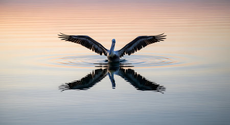A pelican lands on calm water with its wings fully spread, creating a perfect symmetrical reflection. The scene is bathed in the soft, warm light of sunset or sunrise, highlighting the bird's graceful movement.の素材
