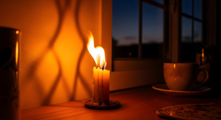 A lit wax candle with a tall, flickering flame rests on a wooden windowsill against a twilight blue sky. The warm glow creates a cozy and peaceful atmosphere, accompanied by a tea cup in the background.の素材