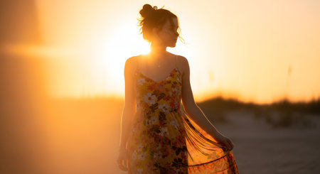 A young woman in a floral summer dress stands backlit by the golden sun at sunset. The bright light creates a silhouette effect, highlighting her hair and dress while casting a warm, dreamy glow over the scene.の素材