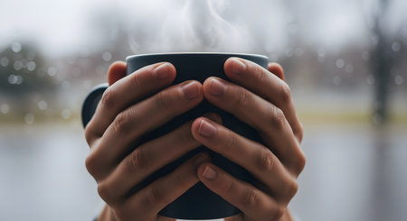 Two hands gently hold a dark, steaming mug of hot coffee against a backdrop of a rainy window. The cozy and moody atmosphere evokes feelings of warmth, comfort, and relaxation during cold weather.の素材