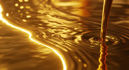A stream of molten gold pours into a pool of metallic liquid, creating smooth ripples and reflections. The image captures the luxurious texture and intense shine of the fluid metal in a dynamic close-up.の素材