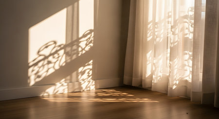 Warm sunlight streams through a window, casting intricate, abstract shadows of a balcony railing onto the wall and wooden floor. Sheer curtains hang softly to the side, creating a peaceful and artistic play of light and contrast.の素材