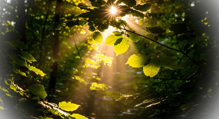 Golden sunbeams pierce through the dense green canopy of a forest illuminating the leaves and creating a magical atmosphere. The interplay of light and shadow highlights the texture of the foliage and floating dust particles in the air.の素材