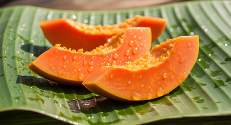 Juicy slices of ripe orange papaya with water droplets rest on a fresh green banana leaf under bright sunlight. The tropical setting highlights the vibrant colors and freshness of the fruit.の素材