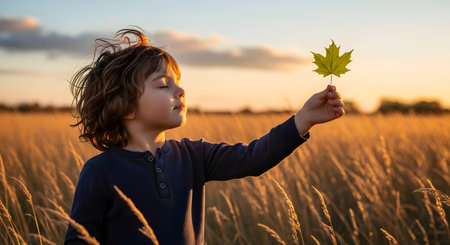 A young boy stands in a field of tall dry grass during the golden hour, gently holding up a single green maple leaf. With his eyes closed and wind blowing through his hair, he appears peaceful and deeply connected to nature in the warm sunlight.の素材