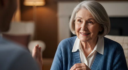 An elderly woman with grey hair smiles warmly while engaged in a conversation in a cozy living room. Her expression conveys happiness and engagement as she listens to a companion, highlighting family connection and care.の素材