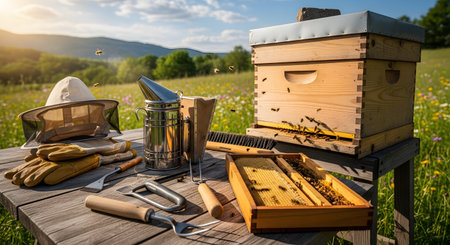 A wooden table displays essential beekeeping tools including a smoker, gloves, and hive frames, situated next to a wooden beehive in a sunny flower meadow. Bees are seen flying around, illustrating the practice of apiary and honey production in nature.の素材
