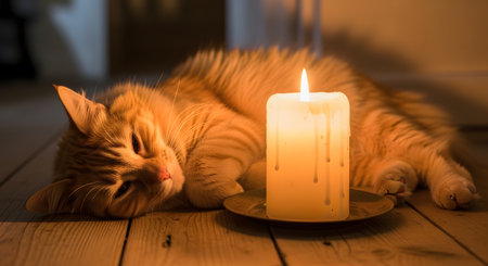 A fluffy ginger cat lies peacefully on a wooden floor next to a large, burning white candle, creating a warm and serene atmosphere. The soft candlelight illuminates the cat's fur, evoking a sense of hygge, comfort, and tranquility in a home setting.の素材