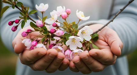 A pair of hands gently cups a branch of blooming pink spring flowers against a soft, blurred nature background. The image captures the delicate beauty of the season and a connection with nature, highlighting the fresh petals and buds.の素材