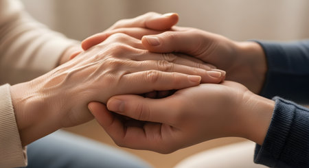 A close-up of a younger person's hands gently holding the wrinkled hands of an elderly person. The image conveys themes of caregiving, empathy, comfort, and the bond between generations.の素材