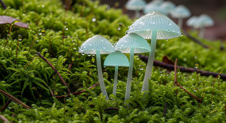 Close-up macro shot of delicate light blue mushrooms growing on green moss, covered in tiny water droplets. The image highlights the intricate details of the forest floor and the magical beauty of fungi.の素材