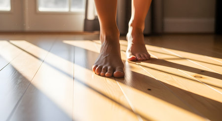 A low-angle shot captures a person's bare feet walking across a smooth wooden floor illuminated by warm sunlight. The play of light and shadow highlights the texture of the floor and creates a cozy domestic atmosphere.の素材