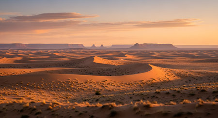 A vast desert landscape features rolling orange sand dunes in the foreground and majestic mesas on the horizon at sunset. The warm golden light casts long shadows across the dunes, creating a serene and dramatic natural scene.の素材