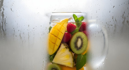 A glass pitcher filled with water ice and slices of mango pineapple kiwi and raspberries viewed through a wet frosted glass surface. The vibrant colors of the fruit contrast with the misty cool foreground creating a refreshing summer vibe.の素材