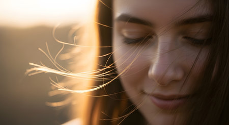 A close-up portrait shows a young woman with her eyes closed and a gentle smile, enjoying the wind blowing through her hair. The scene is backlit by warm golden sunlight, creating a serene and natural mood.の素材