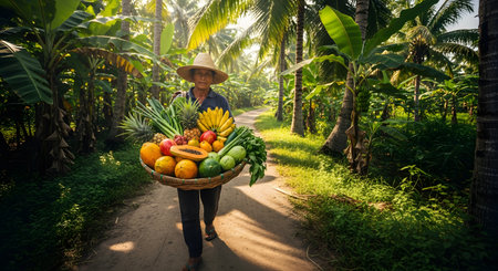A local woman wearing a straw hat carries a large woven basket filled with fresh tropical fruits like pineapples, papayas, and mangoes. She walks along a dirt path through a lush plantation of coconut and banana trees, representing the harvest and rural life.の素材