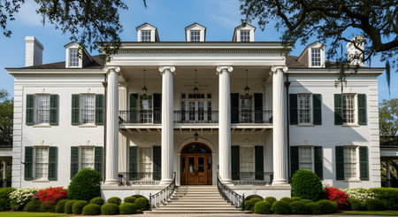 A majestic white Southern plantation-style mansion features tall columns and a balcony framed by oak trees with Spanish moss. The historic architecture evokes a sense of luxury and traditional American estate design.の素材