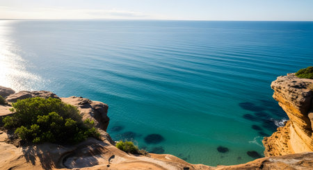 A breathtaking view of the blue ocean stretching to the horizon from a rugged sandstone cliff. The calm, clear water and bright sunny sky create a peaceful and scenic coastal landscape.の素材