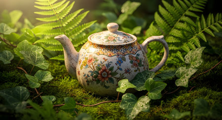A decorative porcelain teapot with floral patterns sits on a bed of green moss and ferns in a forest. Soft sunlight filters through the trees, highlighting the steam rising from the spout in this whimsical and peaceful nature scene.の素材