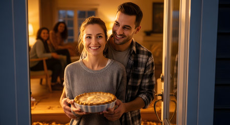 A happy young couple stands in the doorway of a home holding a fresh baked pie arriving for a dinner party or Thanksgiving gathering. Warm light glows from inside where friends or family are visible sitting on the sofa welcoming the guests.の素材