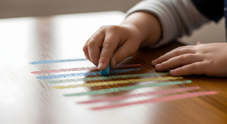 Close-up of a young child's hand holding a piece of blue chalk, drawing colorful parallel lines on a wooden table. The image captures the simplicity and joy of childhood creativity and early artistic expression.の素材