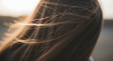 A close-up, abstract detail of long hair strands blowing freely in the wind, illuminated by warm sunset backlighting. The golden light highlights the texture and movement of the hair against a soft, blurred background.の素材