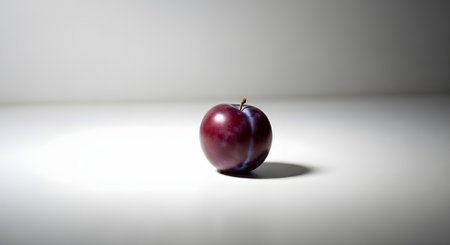 A single, ripe dark purple plum with a small stem sits isolated against a clean white background. The minimalist composition features soft lighting that casts a subtle shadow, emphasizing the fruit's smooth texture and rich color.の素材