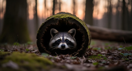 A cute raccoon peeking curiously out of a mossy hollow log on the forest floor. The scene is set in a woodland environment with soft, blurred background lighting, emphasizing the animal's expressive face.の素材