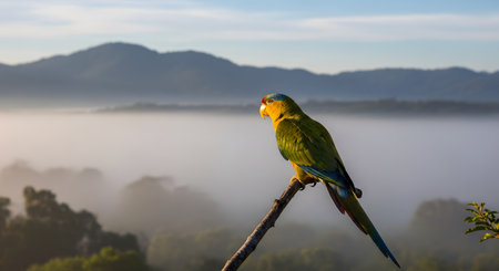 A vibrant parrot with green and yellow plumage perched on a dead branch against a backdrop of misty mountains at sunrise. The soft morning fog fills the valley below, highlighting the bird's colorful feathers and the serene wilderness.の素材