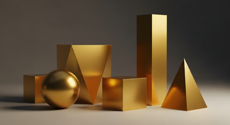 An abstract 3D composition featuring various geometric shapes including a sphere, pyramid, cube, and cylinders rendered in a metallic gold finish. The interplay of light and shadow on the smooth surfaces creates a modern and luxurious aesthetic.の素材