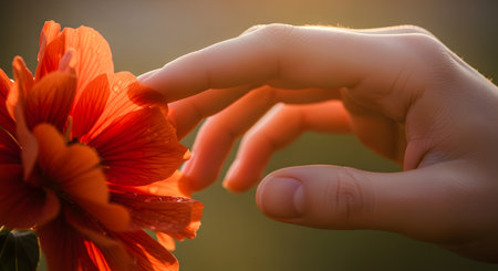 A close-up of a hand gently touching the petals of a red flower, backlit by the soft glow of a sunset. The image captures a moment of connection with nature, highlighting sensory details and delicate beauty.の素材