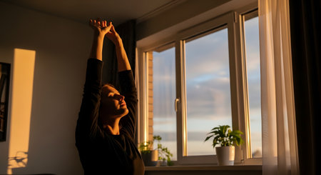 A woman stretches her arms upward in front of a window bathed in golden morning sunlight. The silhouette and floating dust particles create a serene atmosphere of wellness, waking up, and starting the day with positive energy.の素材