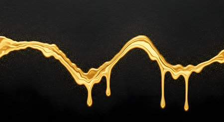 A luxurious stream of molten gold liquid flows across a textured black background, featuring sparkling details. The abstract composition creates a strong contrast between the shiny metallic fluid and the dark matte surface.の素材
