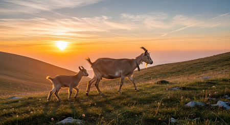 A serene image of a mother goat and her kid walking across a grassy hillside during the golden hour. The warm sunlight illuminates the mountains in the background, highlighting the peaceful rural landscape and the bond between the animals.の素材