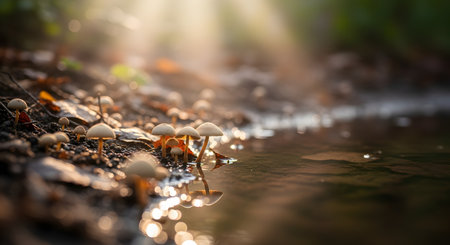 A cluster of tiny, delicate mushrooms grows in the mud at the edge of a body of water, reflected in the surface. The scene is lit by soft, warm sunlight, with a blurred background creating a bokeh effect that emphasizes the small fungi.の素材