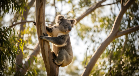 A cute koala bear climbing a eucalyptus tree trunk in a sunlit forest environment. The native Australian animal is captured in its natural habitat, holding onto the bark with a gentle expression.の素材