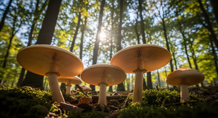 A low-angle perspective of large mushrooms growing on the forest floor, with sunlight bursting through the tall trees in the background. The scene captures the magical and organic beauty of the woodland environment.の素材
