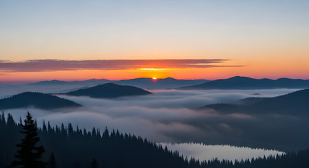 A breathtaking landscape of mountain silhouettes rising above a blanket of morning fog, with a vibrant sunrise painting the sky orange and pink. A calm lake reflects the scene below, creating a peaceful and majestic view.の素材