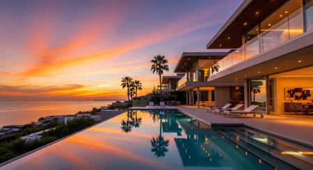A luxurious infinity pool reflects a stunning orange and purple sunset, overlooking a calm ocean and coastline. The modern villa features glass walls and lounge chairs, epitomizing a high-end vacation lifestyle and relaxation.の素材
