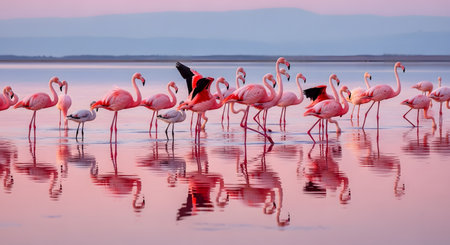 A large flock of pink flamingos stands gracefully in calm, shallow water, creating beautiful reflections on the surface. The scene captures the elegance of these birds in their natural habitat, with soft lighting enhancing their vibrant plumage.の素材
