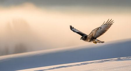 A majestic hawk soars through the air with wings fully spread against a soft, glowing winter background. The bird of prey is captured in flight over a snow-covered field, bathed in the warm golden light of a setting or rising sun.の素材
