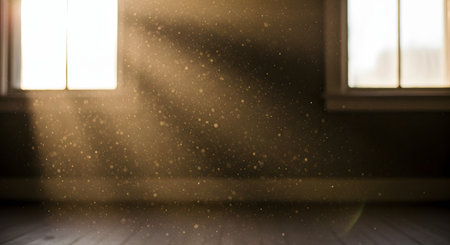 Sunbeams stream through windows into a dark, empty room, illuminating floating dust particles in the air. The contrast between the light rays and the shadows creates a dramatic, atmospheric, and ethereal effect.の素材