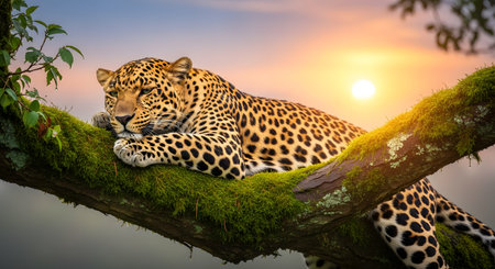 A majestic leopard resting comfortably on a mossy tree branch with a warm sunset glowing in the background. The predator looks calm and observant in its natural jungle habitat.の素材