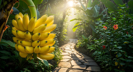 A vibrant bunch of ripe yellow bananas hangs from a tree in a lush tropical jungle. Sunlight streams through the dense green foliage, illuminating a stone path that winds through the garden.の素材