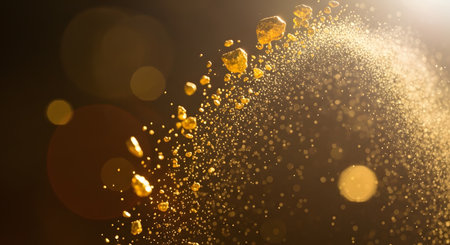 An abstract composition of floating gold nuggets and fine dust particles illuminated against a dark background. The golden elements create a dynamic, explosion-like effect with soft bokeh, symbolizing wealth, luxury, or mineral richness.の素材