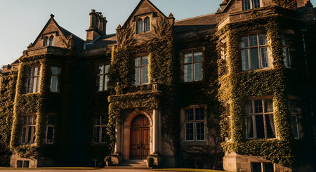 A magnificent historic stone manor house completely covered in climbing ivy, bathed in the warm glow of the setting sun. The architecture features multiple gables, large windows, and an arched wooden doorway, representing classic heritage and luxury.の素材